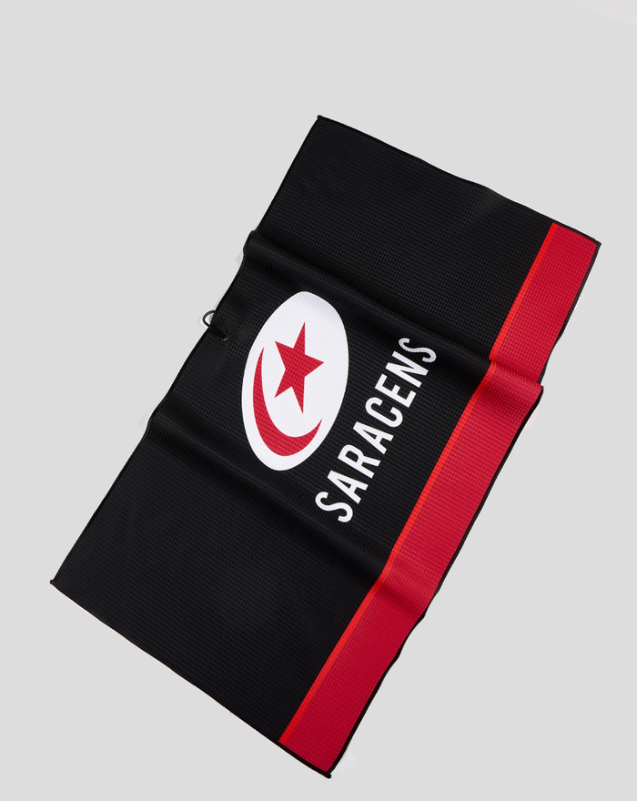 Saracens Lumi 2.0 players golf towel in black with a red edge and white Saracens crest