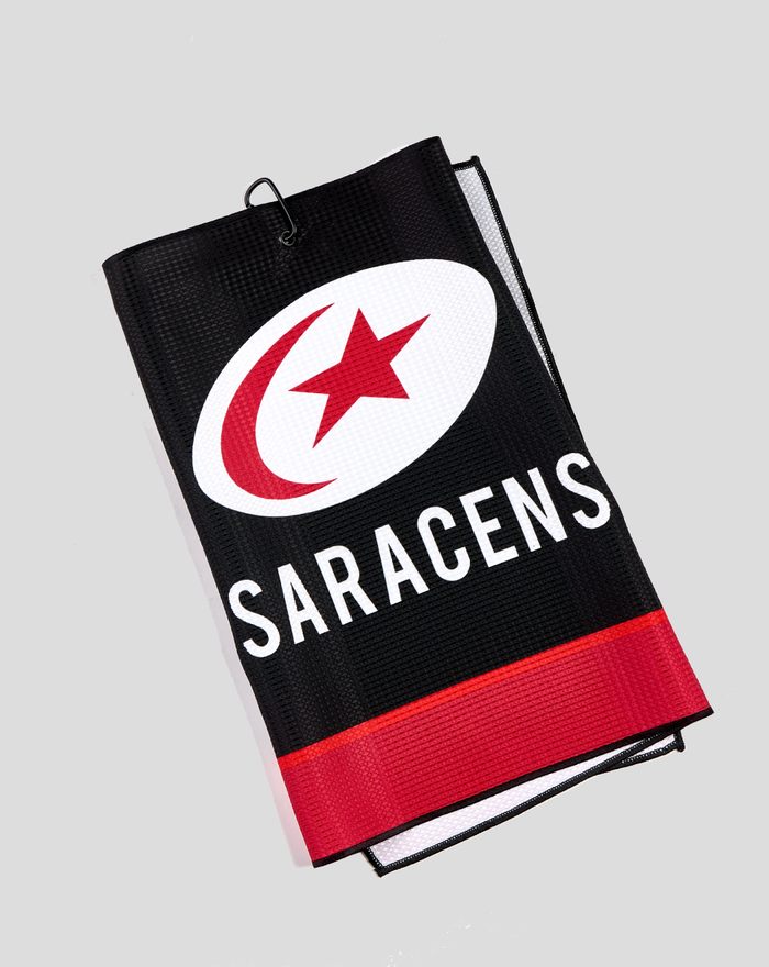 Saracens Lumi 2.0 players golf towel in black with the Saracens crest and white lettering and red trim