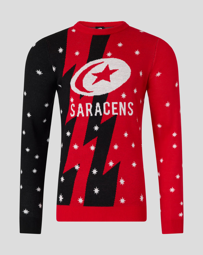 Adults Christmas jumper front view with black and red diagonal panels, white snowflakes, and the Saracens crest and text.