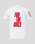 White junior England Rugby For The Girls T shirt with bold red vertical text down the front.