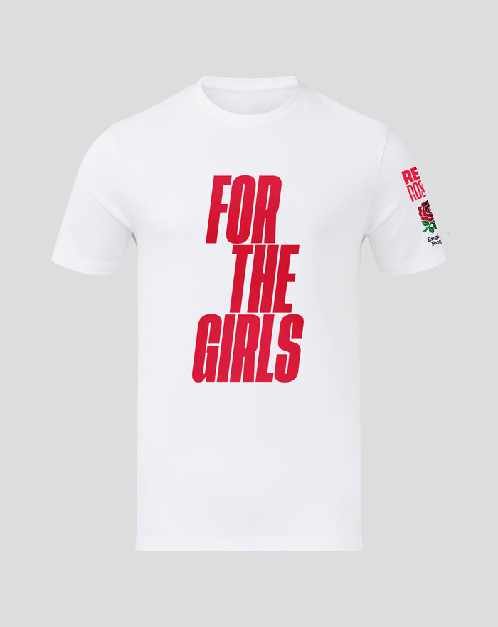 White junior England Rugby For The Girls T shirt with bold red vertical text down the front.