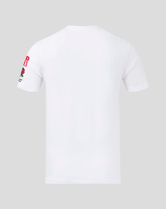 Back view of white Junior England Rugby T Shirt with sleeve graphics