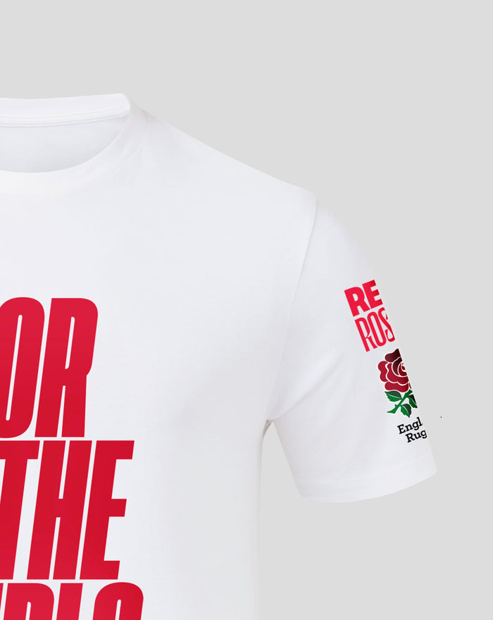 Close up of white crew neck of the Junior England Rugby For The Girls T shirt.