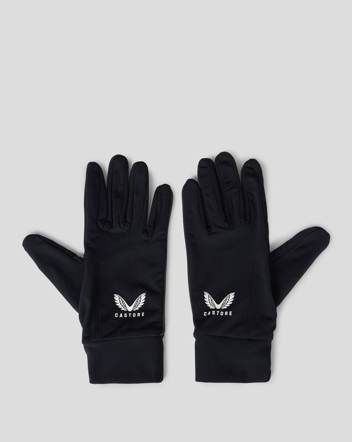 Pair of black winter gloves laid flat with white Castore logo