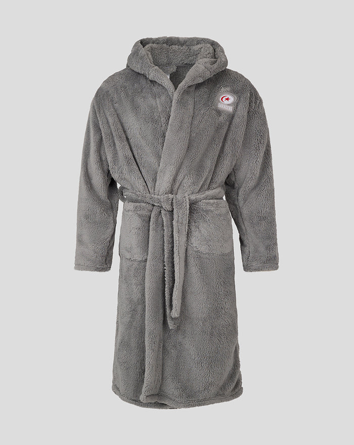 Gray plush junior dressing gown with a belt and a Saracens patch on the chest.