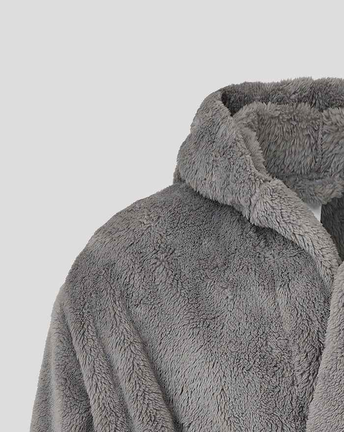 Close-up of the plush gray hooded dressing gown highlighting its soft texture.