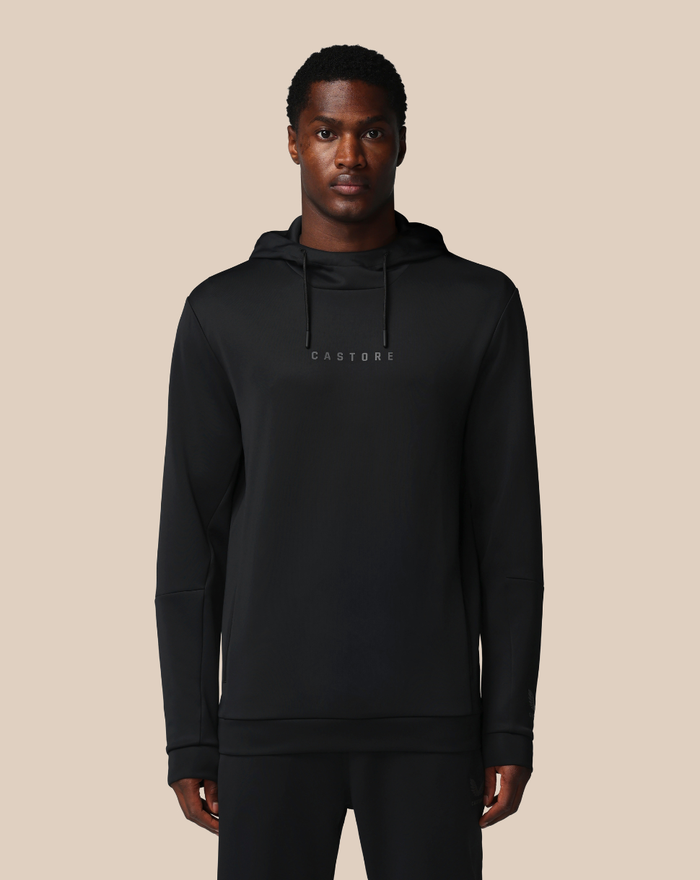 Front view of a black FLEX HOODIE with drawstrings and CASTORE logo on the chest.