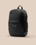 Core Backpack in matte black with top handle, front zip pocket, side mesh pocket, PROTEK tag, and Castore wing logo